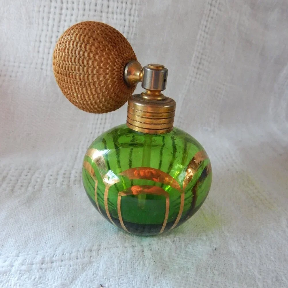 Vintage Green Glass Atomizer - Gold Accents - Picture 1 of 4